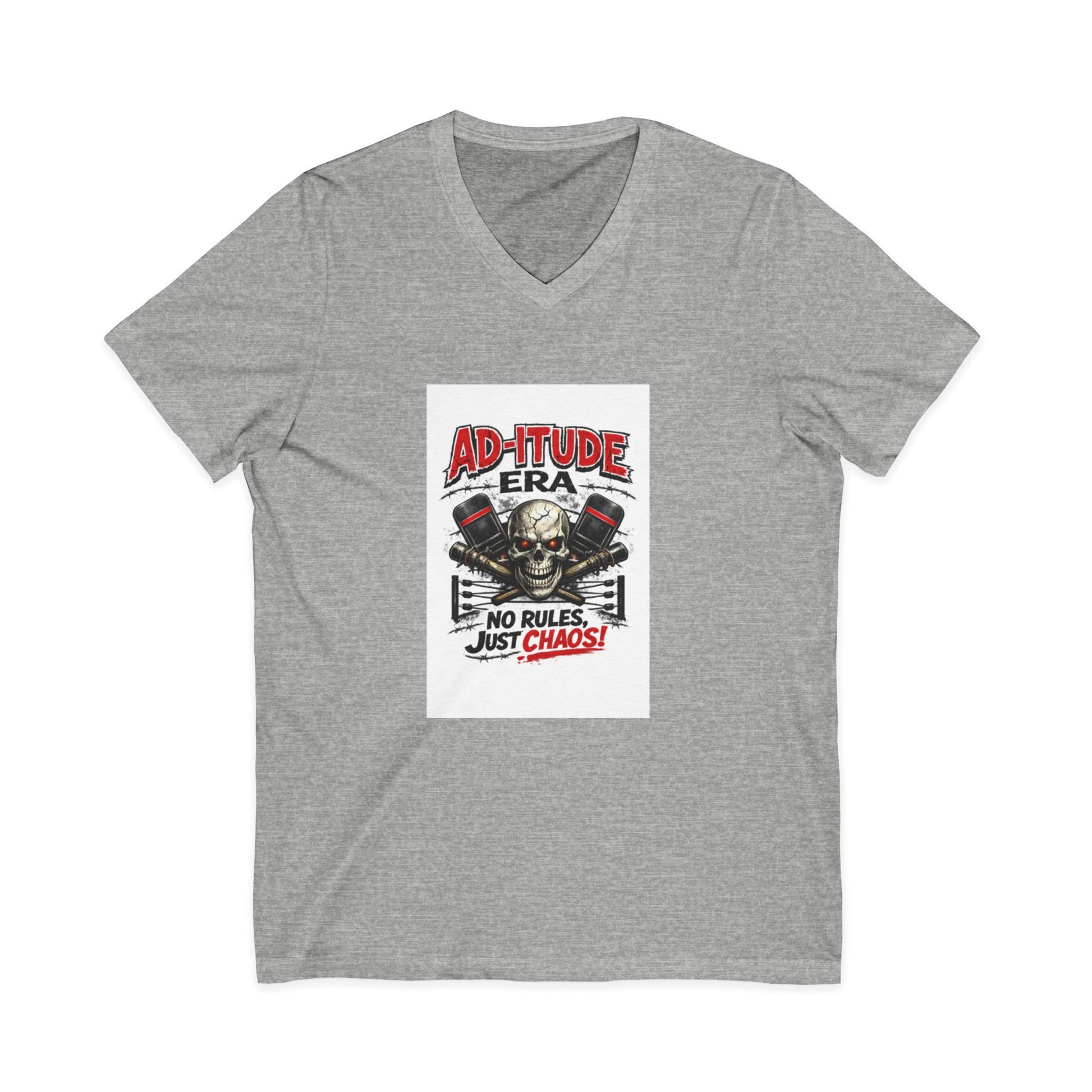 Gray t-shirt with a graphic design featuring a skull and text on a white background