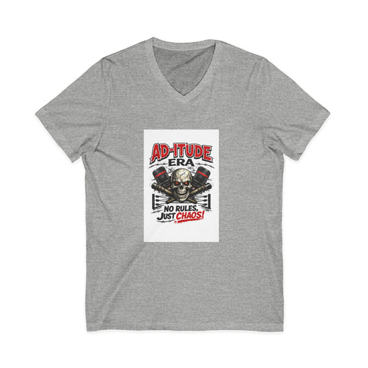 Gray t-shirt with a graphic design featuring a skull and text on a white background