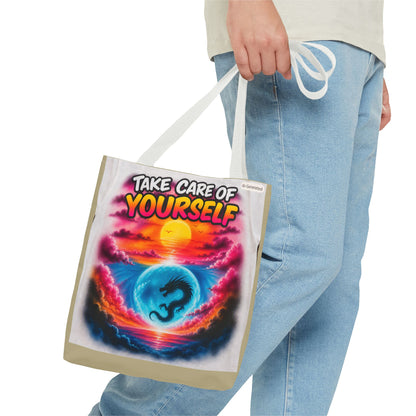 Take Care of Yourself Tote Bag – Sunset Dragon Motivational AOP Beach Tote