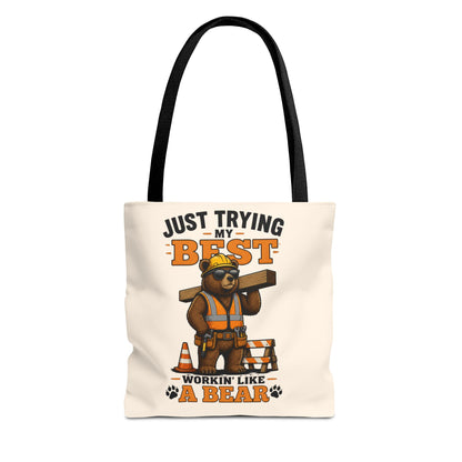 Just Trying My Best Tote Bag - Cute Construction Bear Canvas Tote