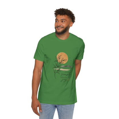 Inspirational Graphic T-Shirt — "Live Simply, Choose Joy" Sun & Botanical Design