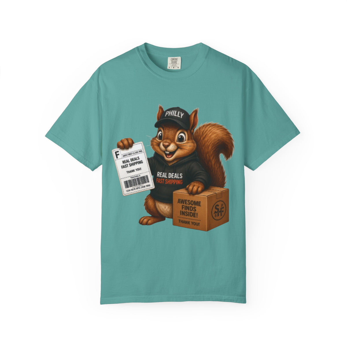 Delivery Squirrel T-Shirt — Cute Parcel Mascot Tee with 'Real Deals' Box