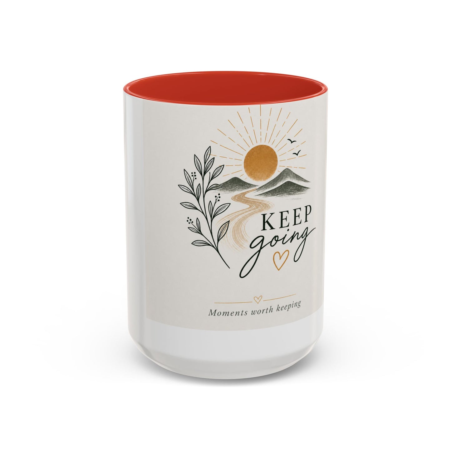 Keep Going Accent Coffee Mug — Inspirational Morning Mug with Sun & Mountains Design (11/15 oz)