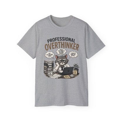 Professional Overthinker T-Shirt – Funny Cat Overworking Graphic Tee