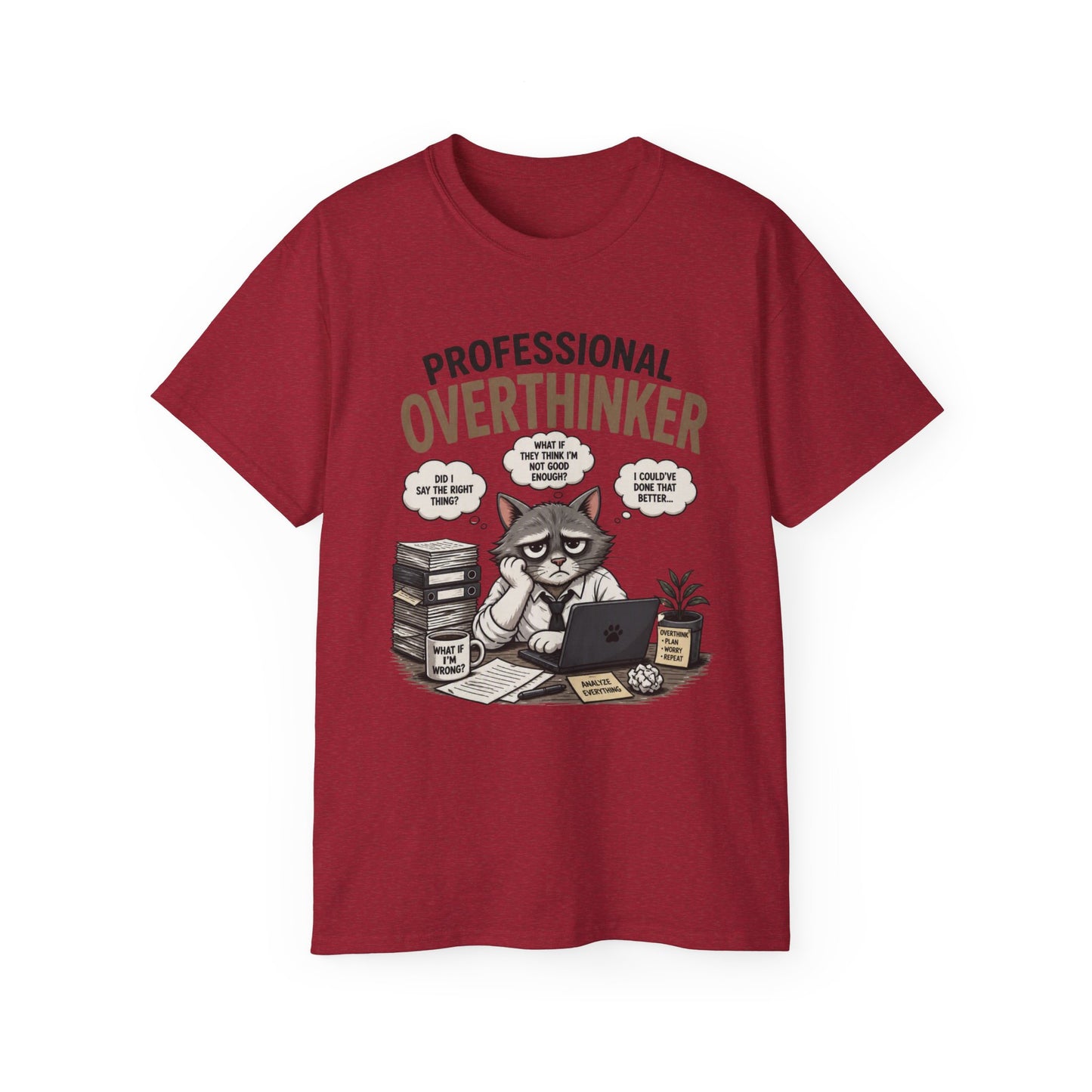Professional Overthinker T-Shirt – Funny Cat Overworking Graphic Tee