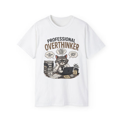 Professional Overthinker T-Shirt – Funny Cat Overworking Graphic Tee