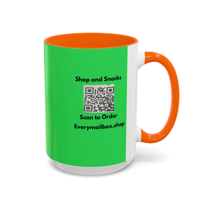 Accent Coffee Mug — 'Shop and Snacks' QR Code Promotional Coffee Mug (11/15 oz)