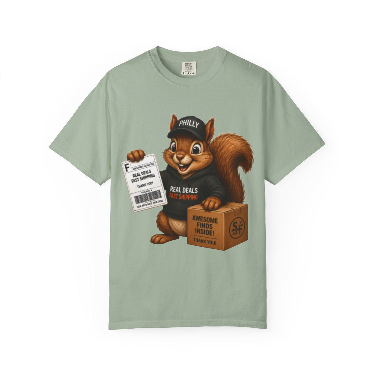 Delivery Squirrel T-Shirt — Cute Parcel Mascot Tee with 'Real Deals' Box