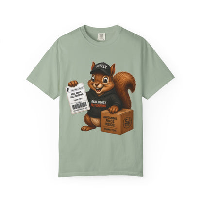Delivery Squirrel T-Shirt — Cute Parcel Mascot Tee with 'Real Deals' Box