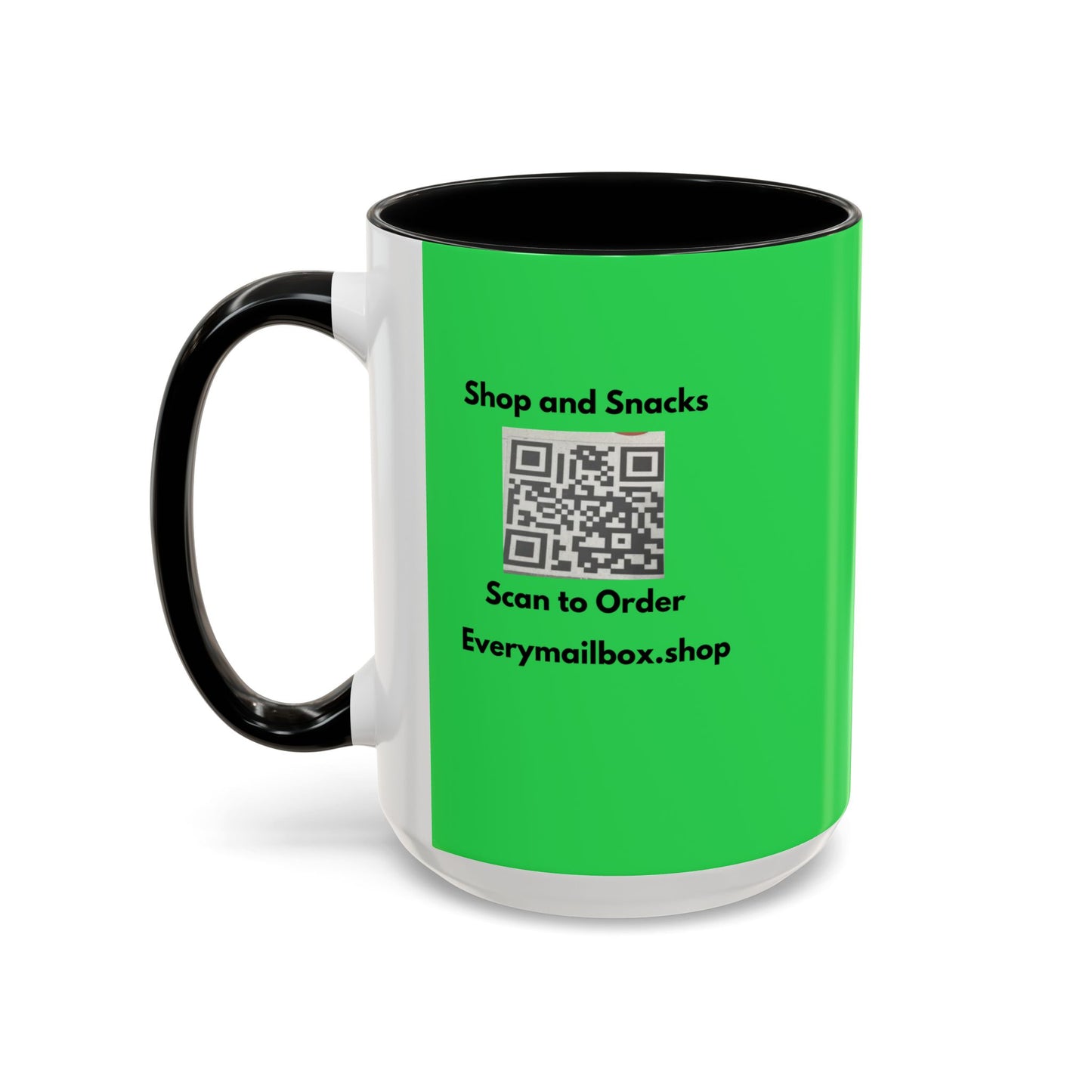 Accent Coffee Mug — 'Shop and Snacks' QR Code Promotional Coffee Mug (11/15 oz)