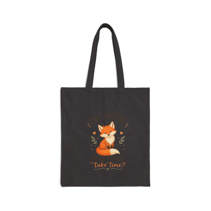 Cute Fox Canvas Tote Bag — "Stay Positive, Good Things Take Time" Inspirational Tote