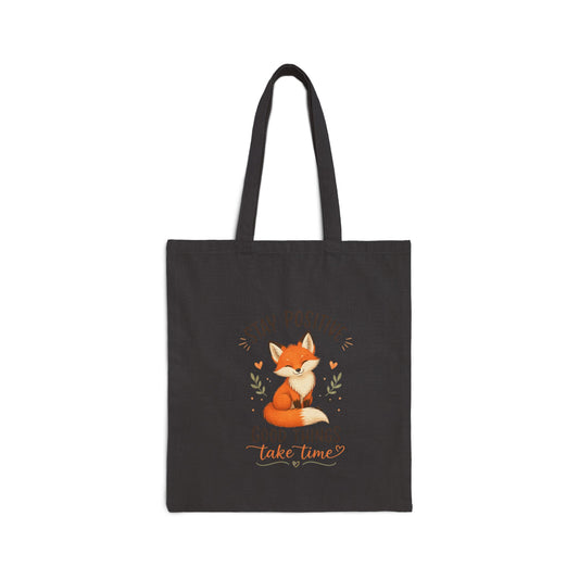 Cute Fox Canvas Tote Bag — "Stay Positive, Good Things Take Time" Inspirational Tote