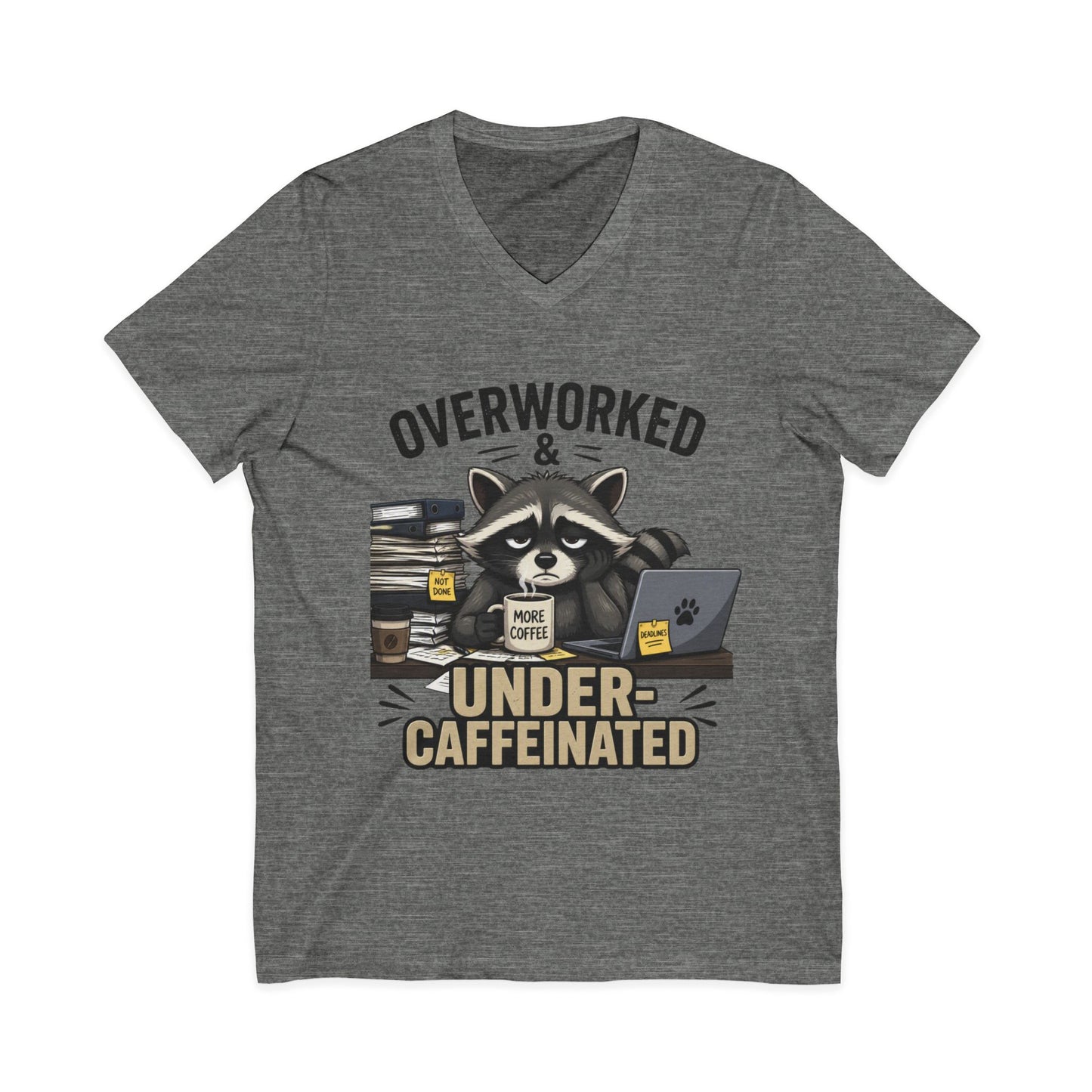 Overworked & Under-Caffeinated V-Neck Tee – Cute Raccoon Coffee Shirt
