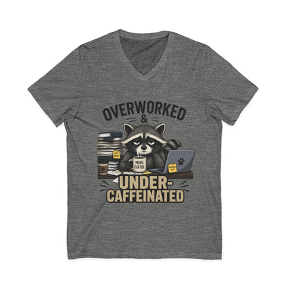Overworked & Under-Caffeinated V-Neck Tee – Cute Raccoon Coffee Shirt