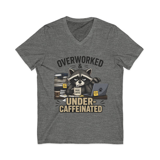 Overworked & Under-Caffeinated V-Neck Tee – Cute Raccoon Coffee Shirt