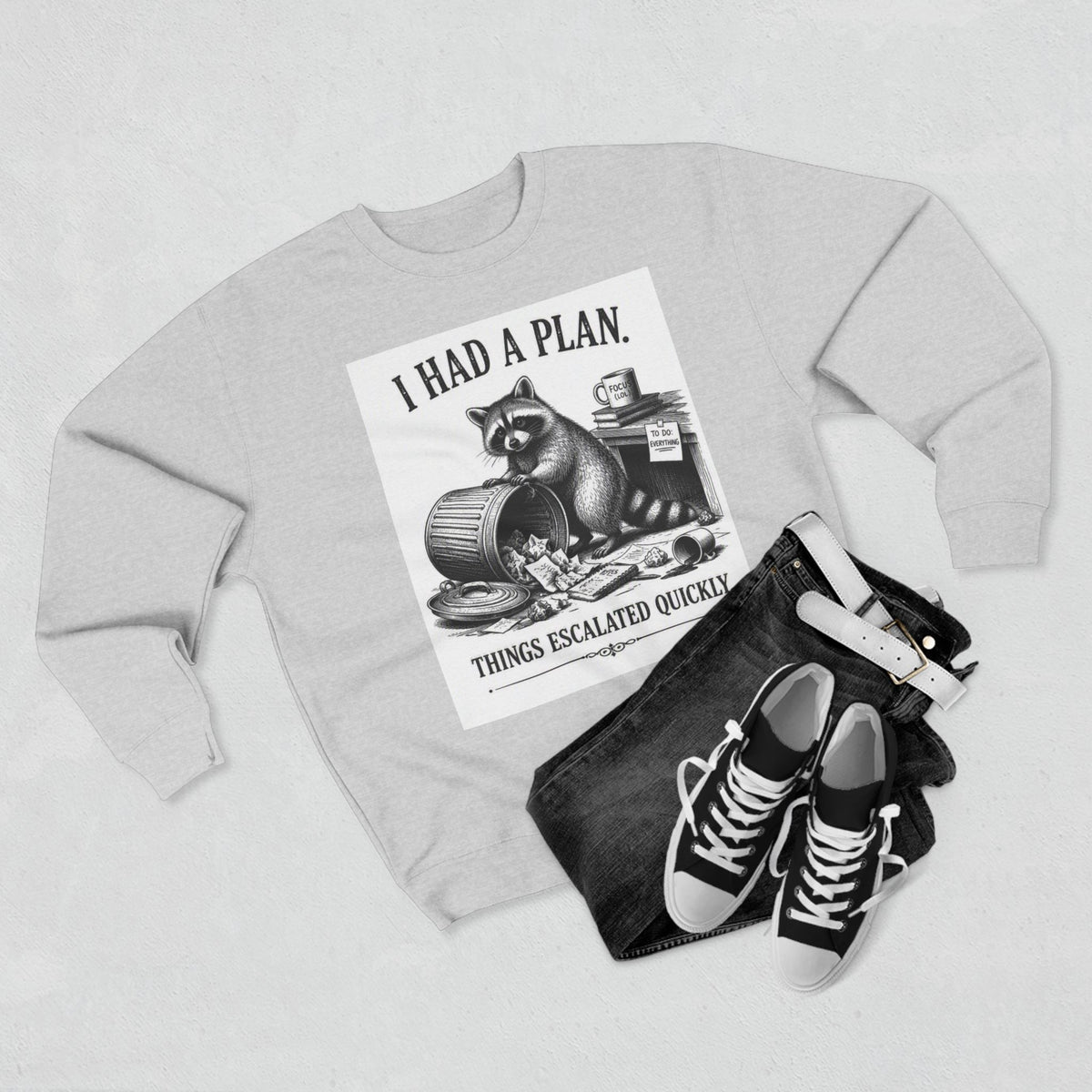 Funny Raccoon Sweatshirt — 'I Had a Plan' Graphic Crewneck