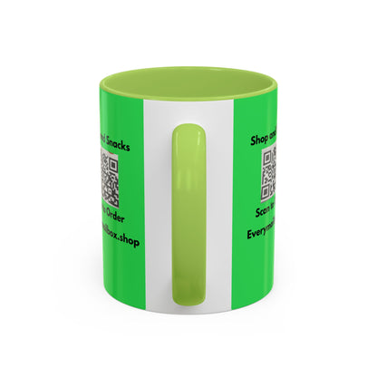 Accent Coffee Mug — 'Shop and Snacks' QR Code Promotional Coffee Mug (11/15 oz)