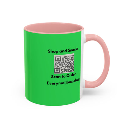 Accent Coffee Mug — 'Shop and Snacks' QR Code Promotional Coffee Mug (11/15 oz)