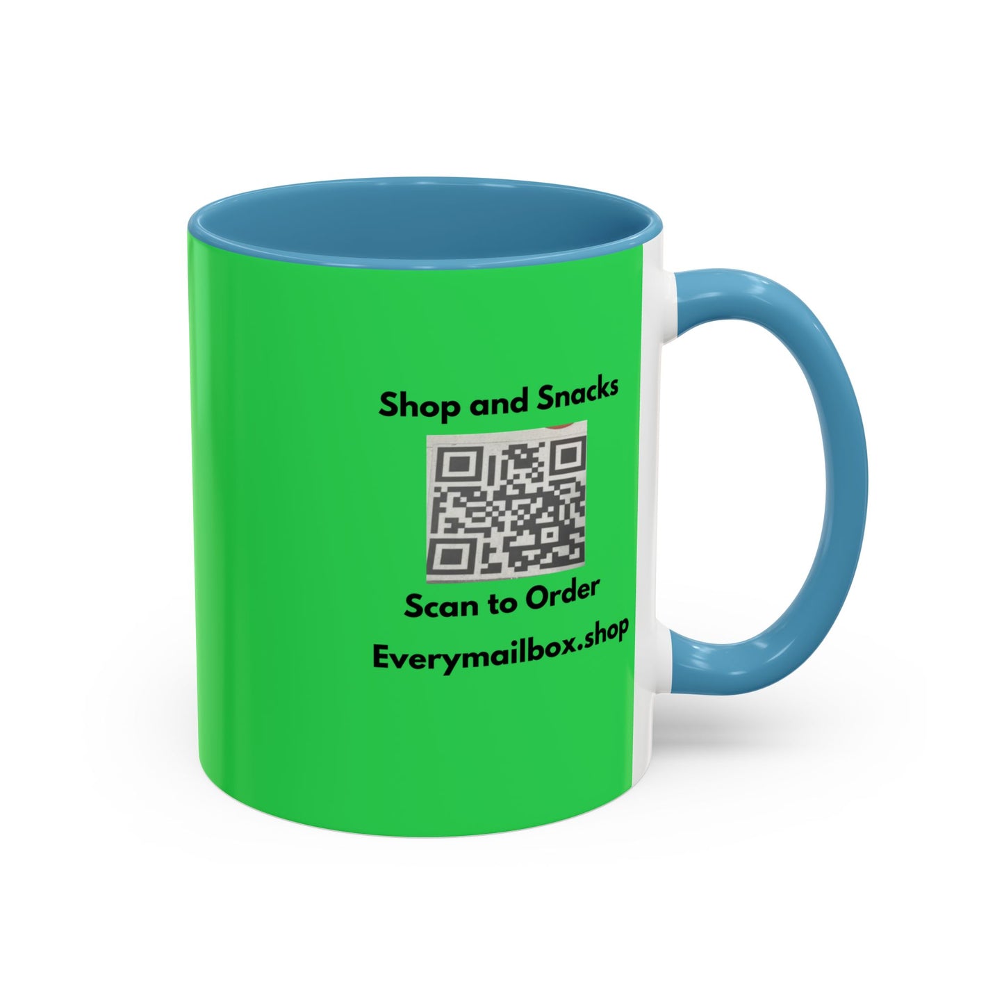 Accent Coffee Mug — 'Shop and Snacks' QR Code Promotional Coffee Mug (11/15 oz)