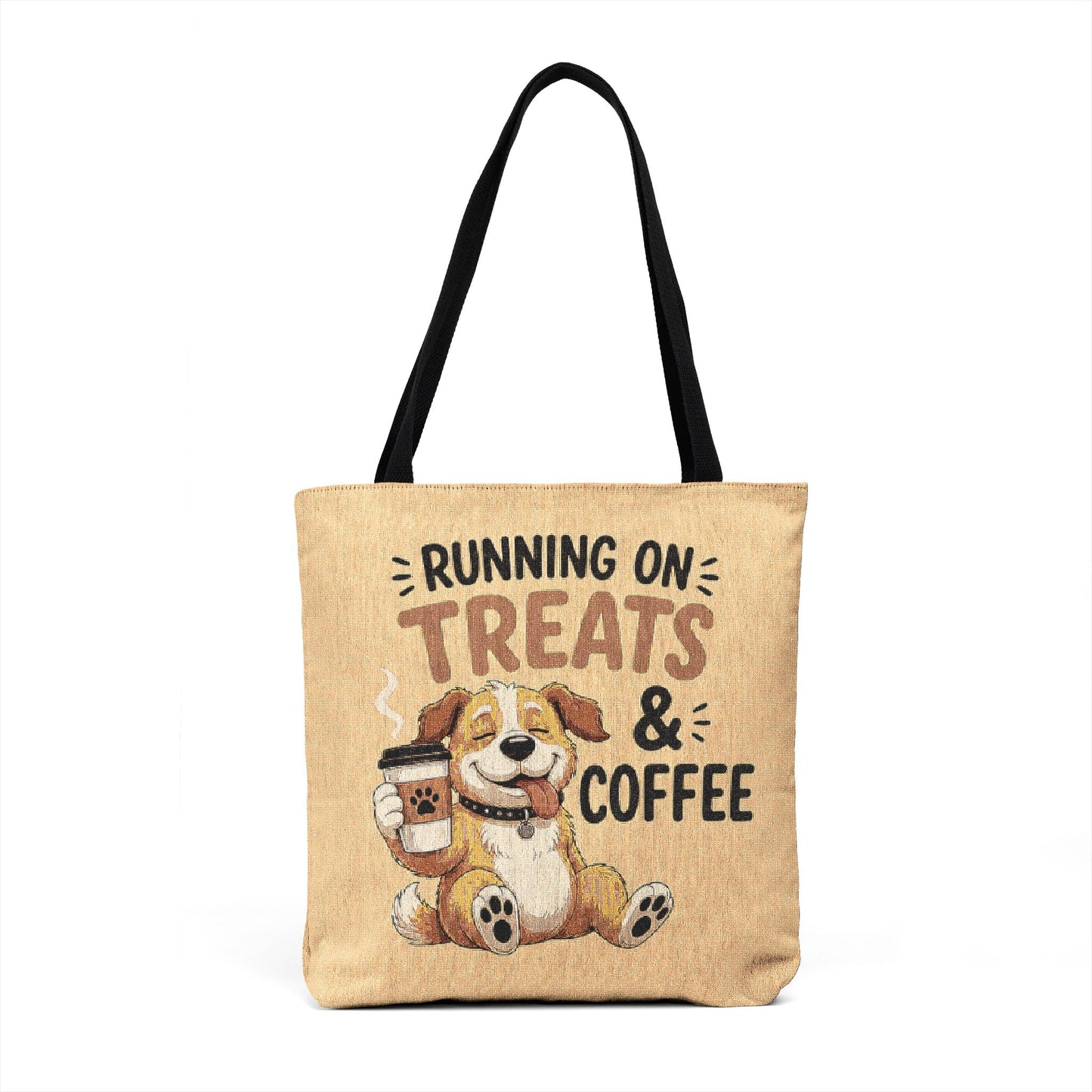Running on Treats & Coffee Woven Tote Bag | Cute Dog Cross-Stitch Style