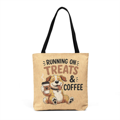 Running on Treats & Coffee Woven Tote Bag | Cute Dog Cross-Stitch Style