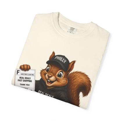 Delivery Squirrel T-Shirt — Cute Parcel Mascot Tee with 'Real Deals' Box