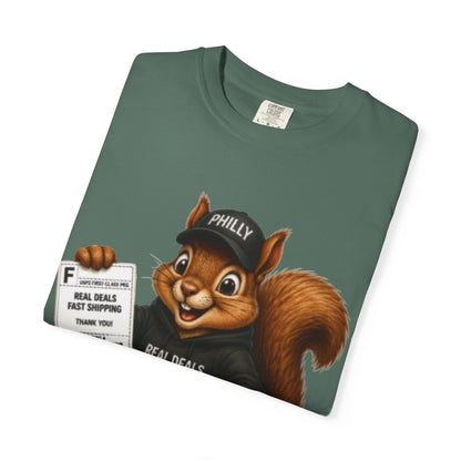 Delivery Squirrel T-Shirt — Cute Parcel Mascot Tee with 'Real Deals' Box