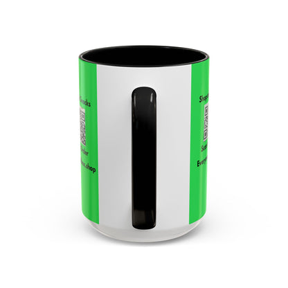 Accent Coffee Mug — 'Shop and Snacks' QR Code Promotional Coffee Mug (11/15 oz)