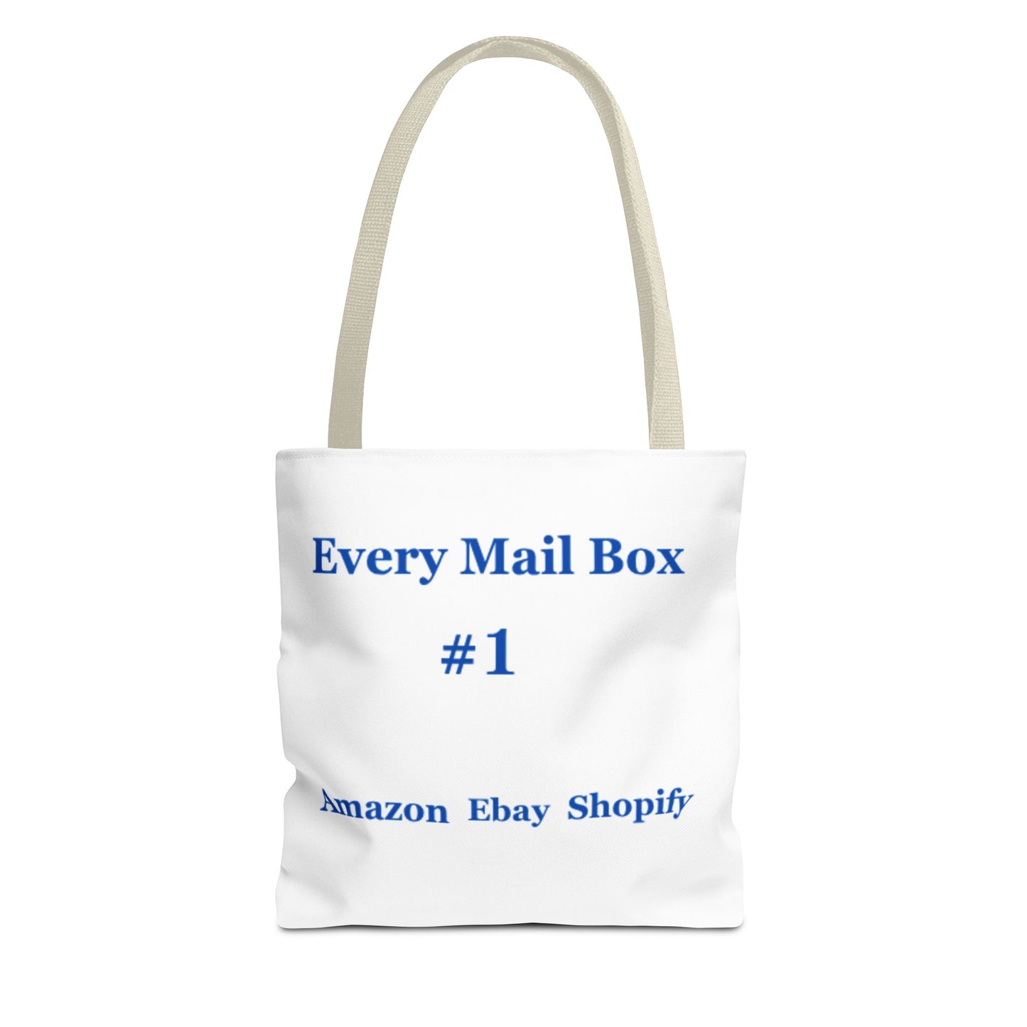  E-commerce themed tote bag with minimalist design and platform shoutouts in blue text