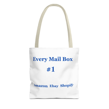  E-commerce themed tote bag with minimalist design and platform shoutouts in blue text