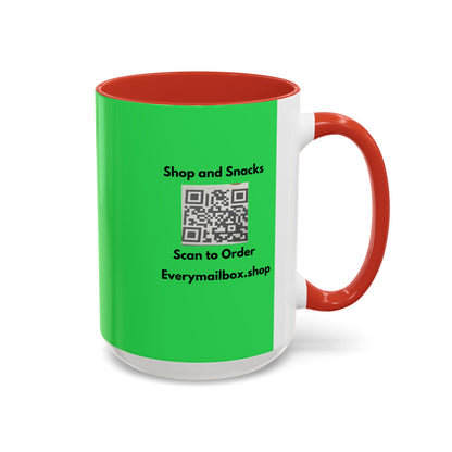 Accent Coffee Mug — 'Shop and Snacks' QR Code Promotional Coffee Mug (11/15 oz)