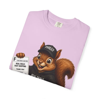 Delivery Squirrel T-Shirt — Cute Parcel Mascot Tee with 'Real Deals' Box