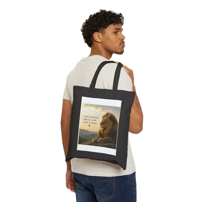 Lion Canvas Tote Bag – Stay Strong, Trust God, Keep Going | Christian Faith Gift