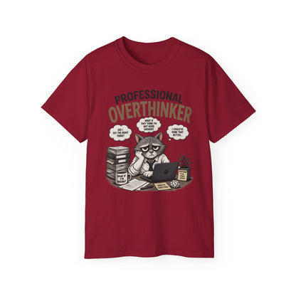 Professional Overthinker T-Shirt – Funny Cat Overworking Graphic Tee