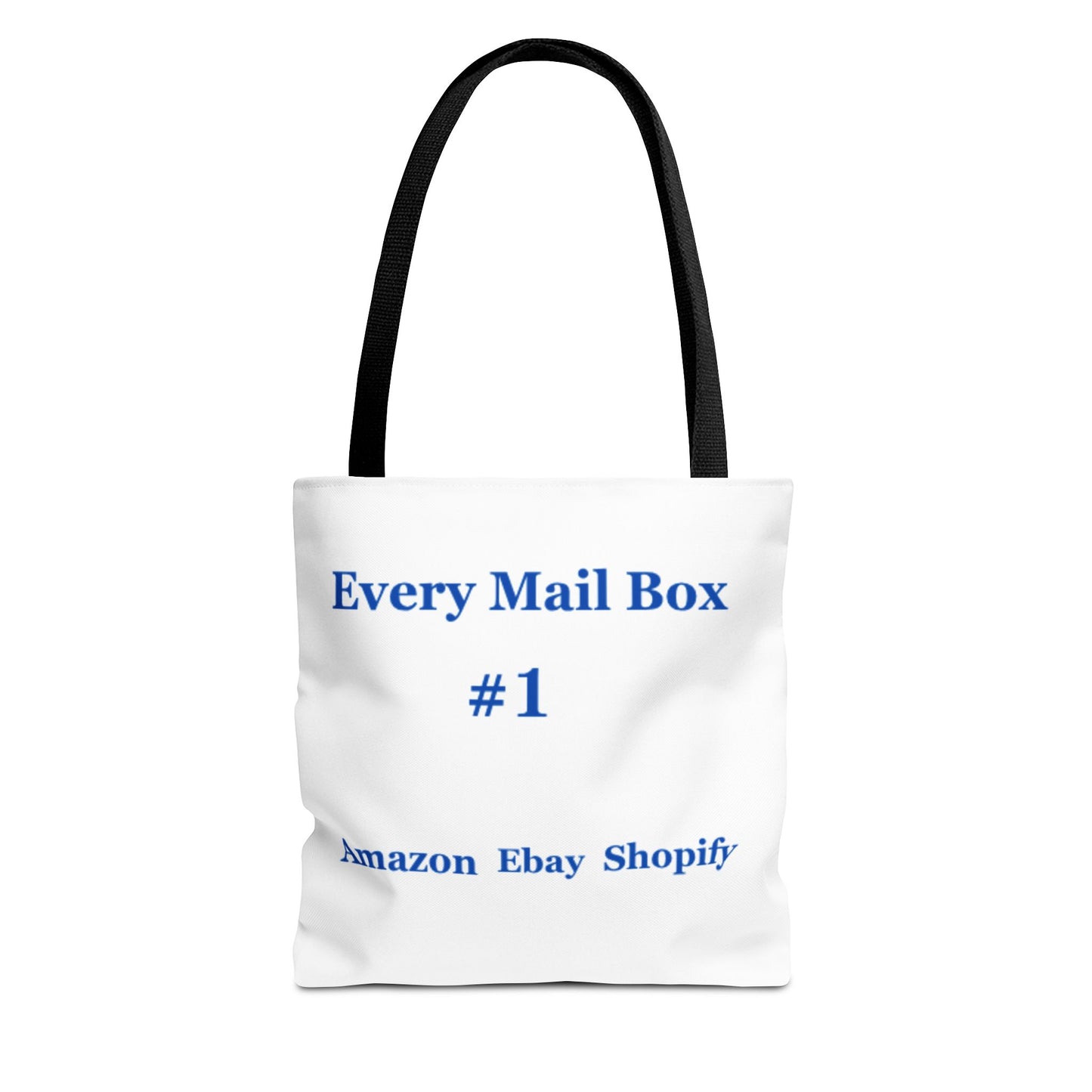  White tote bag with black handles featuring blue text: “Every Mail Box #1 – Amazon, eBay, Shopify