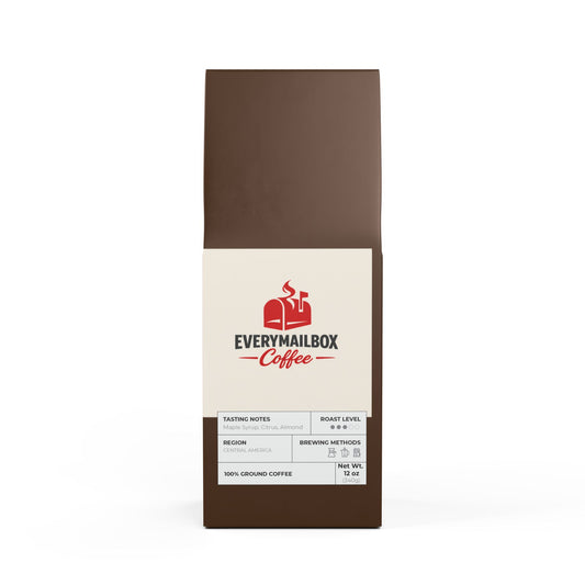 Everymailbox Coffee package with a brown front and white back on a white background