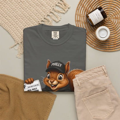 Delivery Squirrel T-Shirt — Cute Parcel Mascot Tee with 'Real Deals' Box