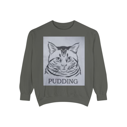 “Adorable cat lounging in a pudding cup design on a cozy sweatshirt – perfect gift for feline fans