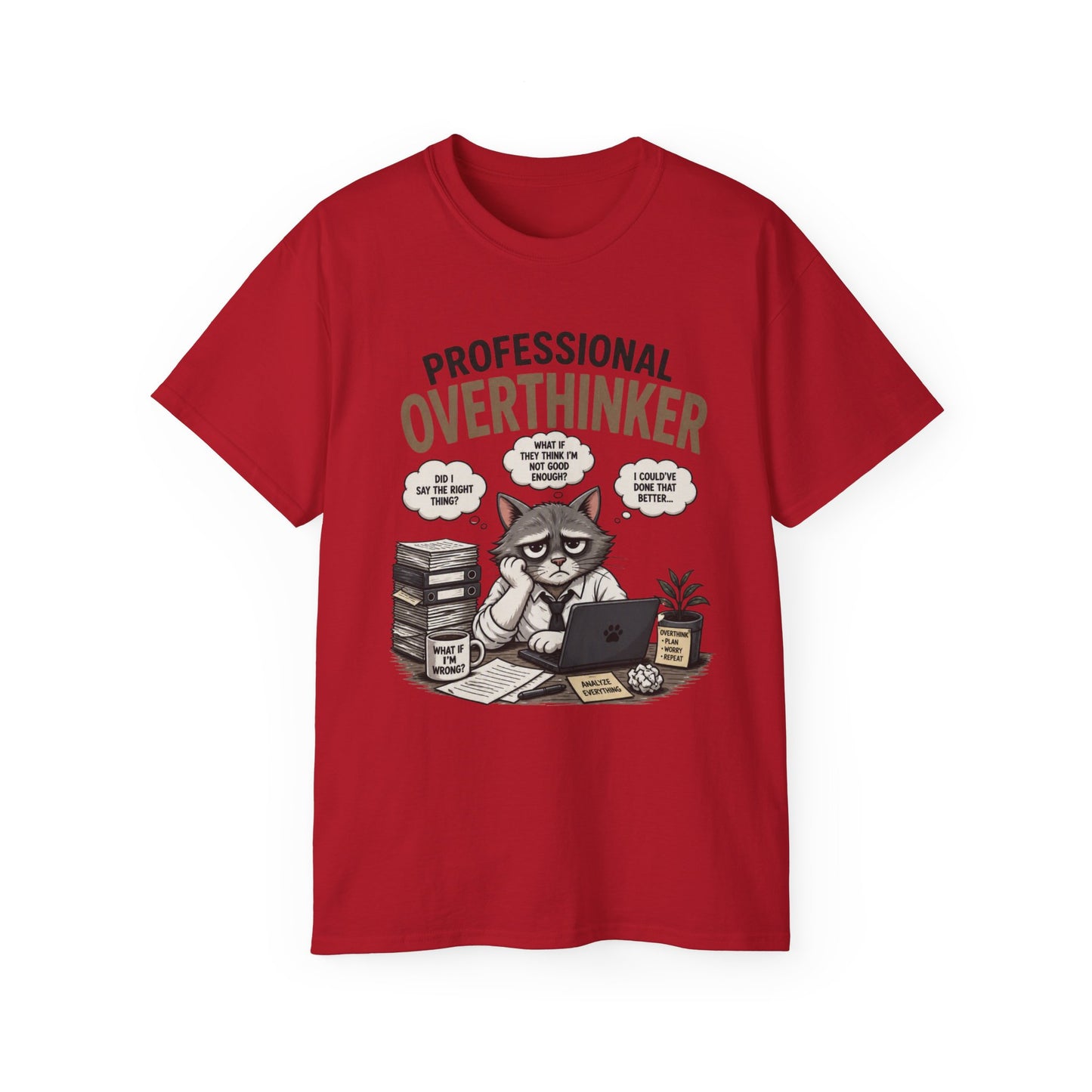 Professional Overthinker T-Shirt – Funny Cat Overworking Graphic Tee