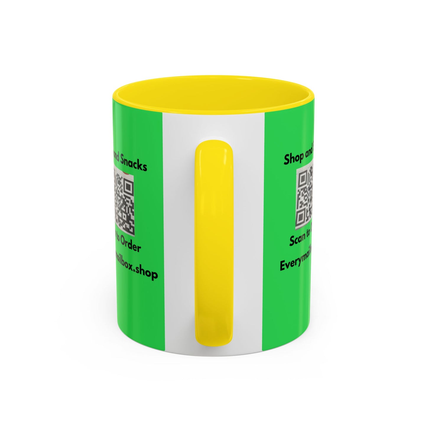 Accent Coffee Mug — 'Shop and Snacks' QR Code Promotional Coffee Mug (11/15 oz)