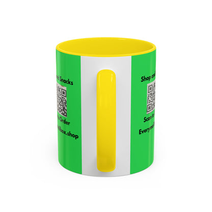 Accent Coffee Mug — 'Shop and Snacks' QR Code Promotional Coffee Mug (11/15 oz)