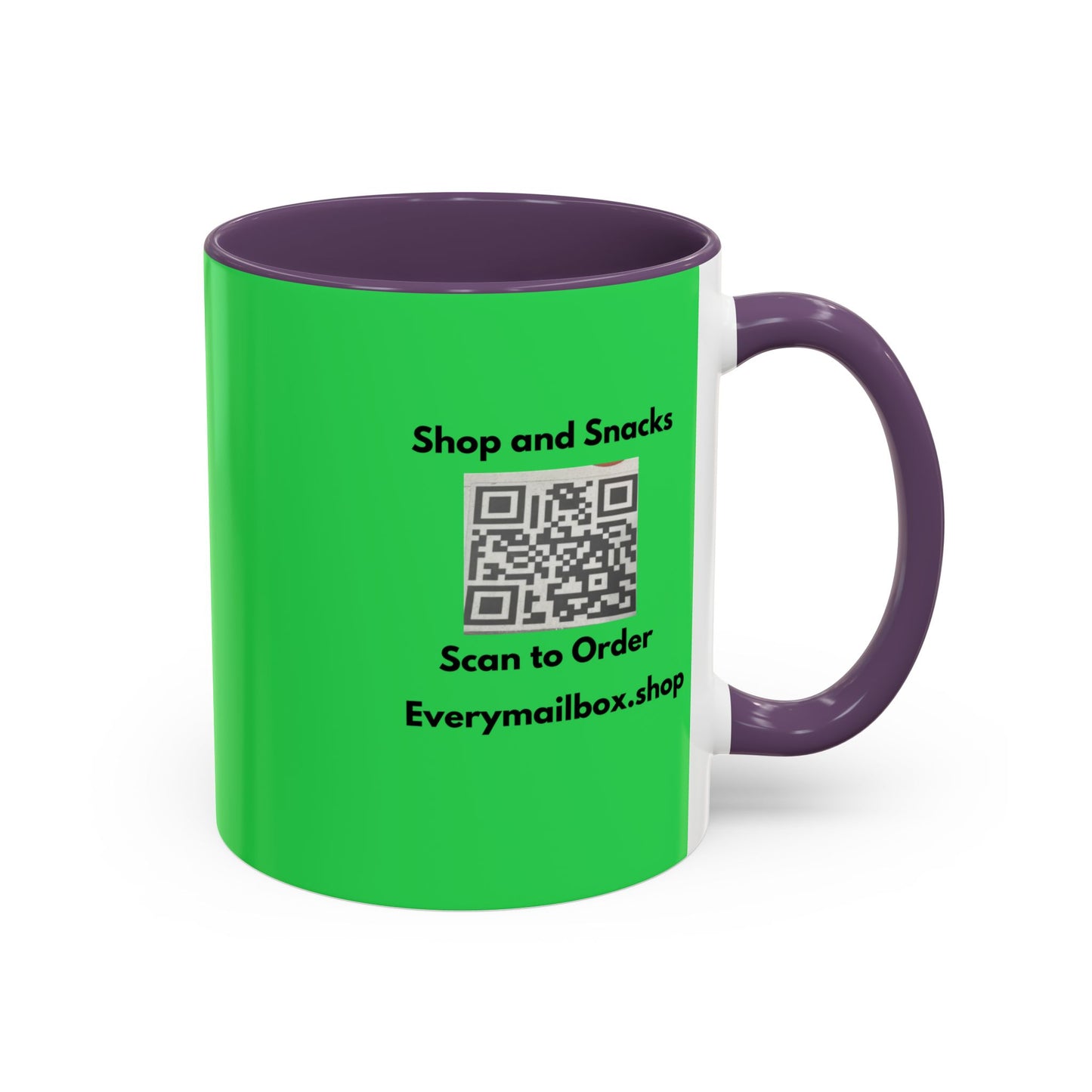 Accent Coffee Mug — 'Shop and Snacks' QR Code Promotional Coffee Mug (11/15 oz)