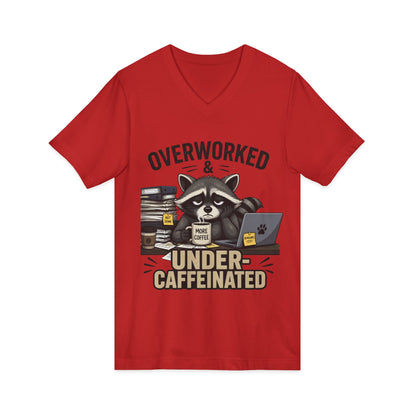 Overworked & Under-Caffeinated V-Neck Tee – Cute Raccoon Coffee Shirt