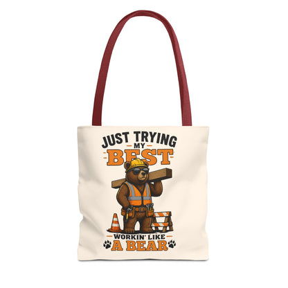 Just Trying My Best Tote Bag - Cute Construction Bear Canvas Tote
