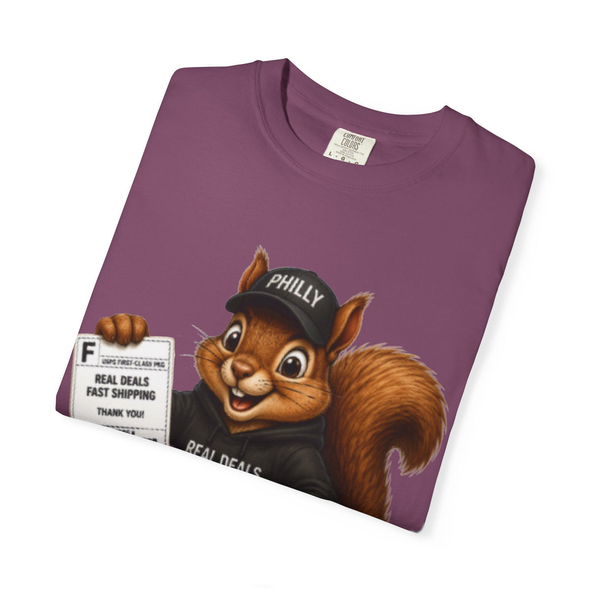 Delivery Squirrel T-Shirt — Cute Parcel Mascot Tee with 'Real Deals' Box