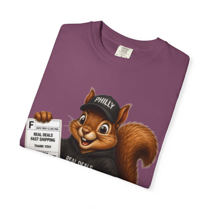 Delivery Squirrel T-Shirt — Cute Parcel Mascot Tee with 'Real Deals' Box