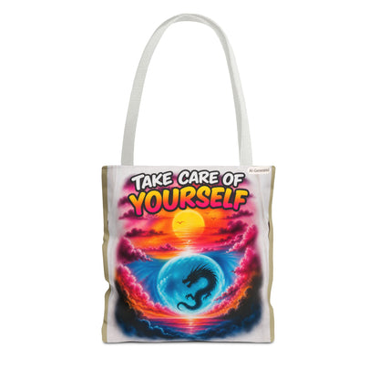 Take Care of Yourself Tote Bag – Sunset Dragon Motivational AOP Beach Tote