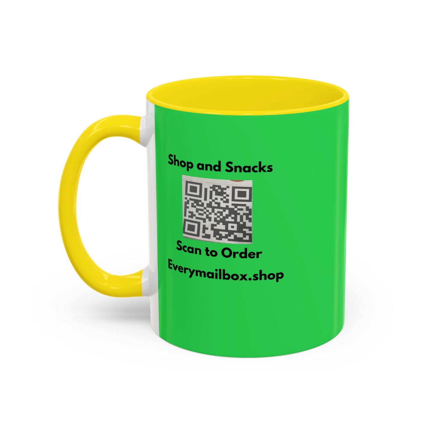 Accent Coffee Mug — 'Shop and Snacks' QR Code Promotional Coffee Mug (11/15 oz)