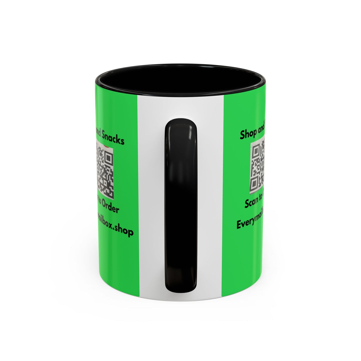 Accent Coffee Mug — 'Shop and Snacks' QR Code Promotional Coffee Mug (11/15 oz)