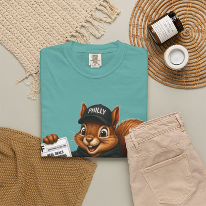 Delivery Squirrel T-Shirt — Cute Parcel Mascot Tee with 'Real Deals' Box